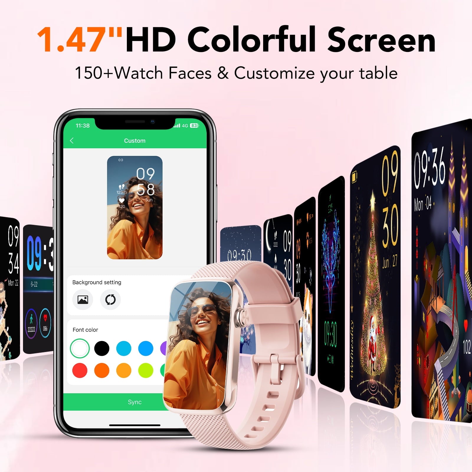 1.47" Fitness Tracker, Smartwatch for Women Men with Multiple Sport Modes Step Counter, Bluetooth Calls (Make/Answer), IP68 Waterproof, Fitness Tracker Compatible with Android and iPhone, Pink
