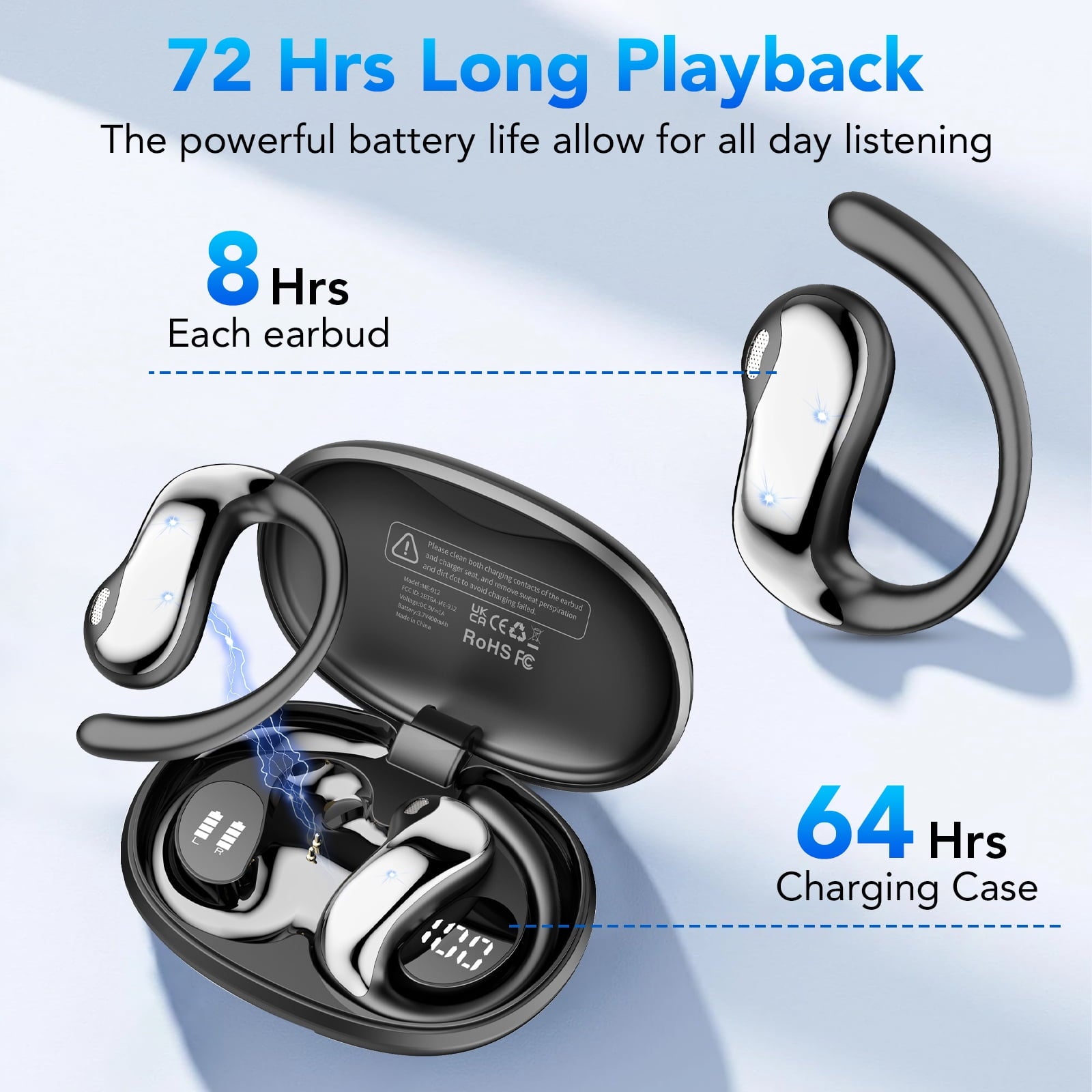 Open Ear Earbuds, Bluetooth 6.0 Wireless Earbuds with Ear Hooks, 64Hrs Playtime Bluetooth Headphones, HD Stereo Bass Over Ear Earphones, IP8 Waterproof Ear Buds for Workout/Running, Black