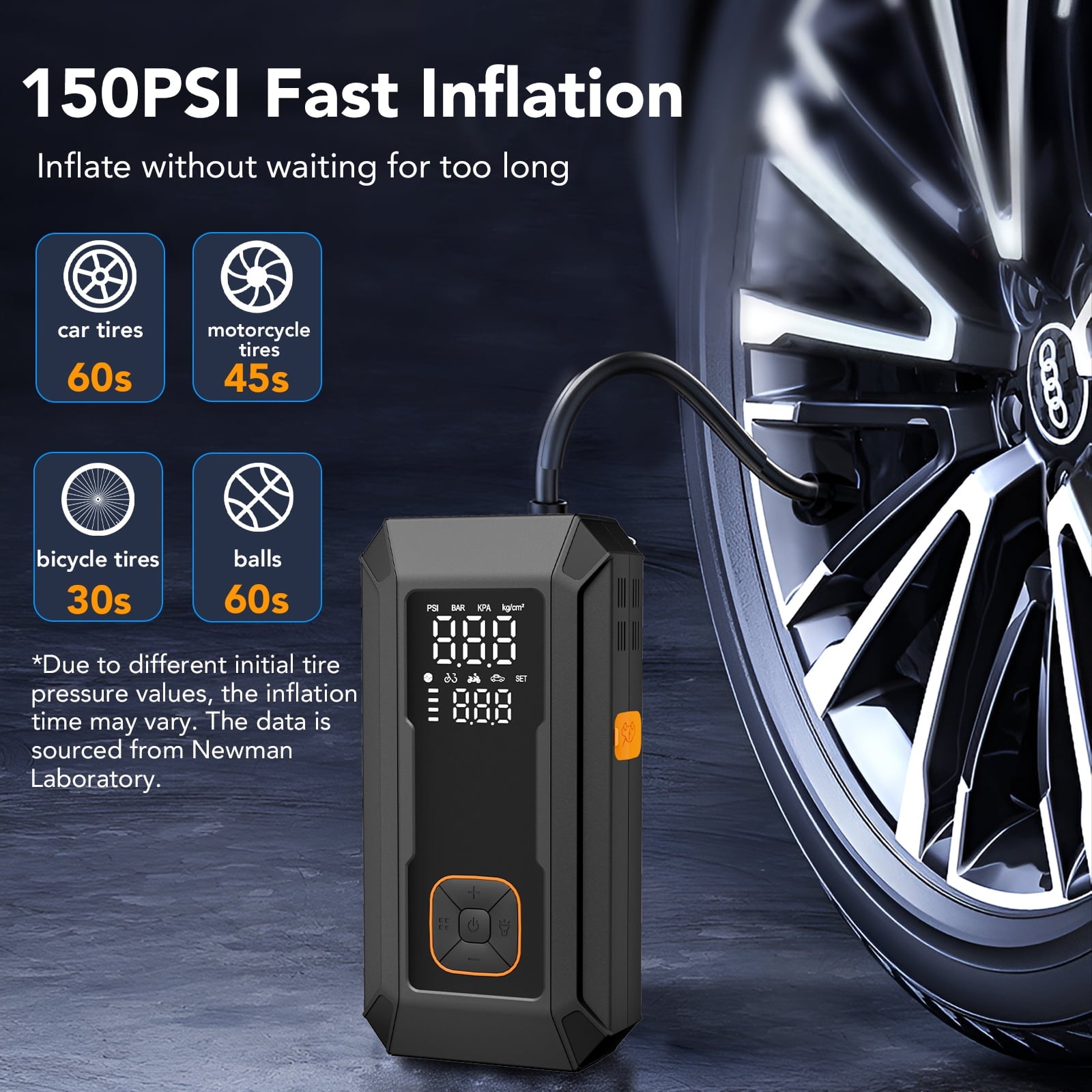 KT1 Car Jump Starter with Air Compressor, 150 PSI, 15000MAH Power Bank, 4000A Jump Starter, Fast Inflation for Car Tires, Bikes, SUV, Trucks & More - Portable Air Compressor with LED Light