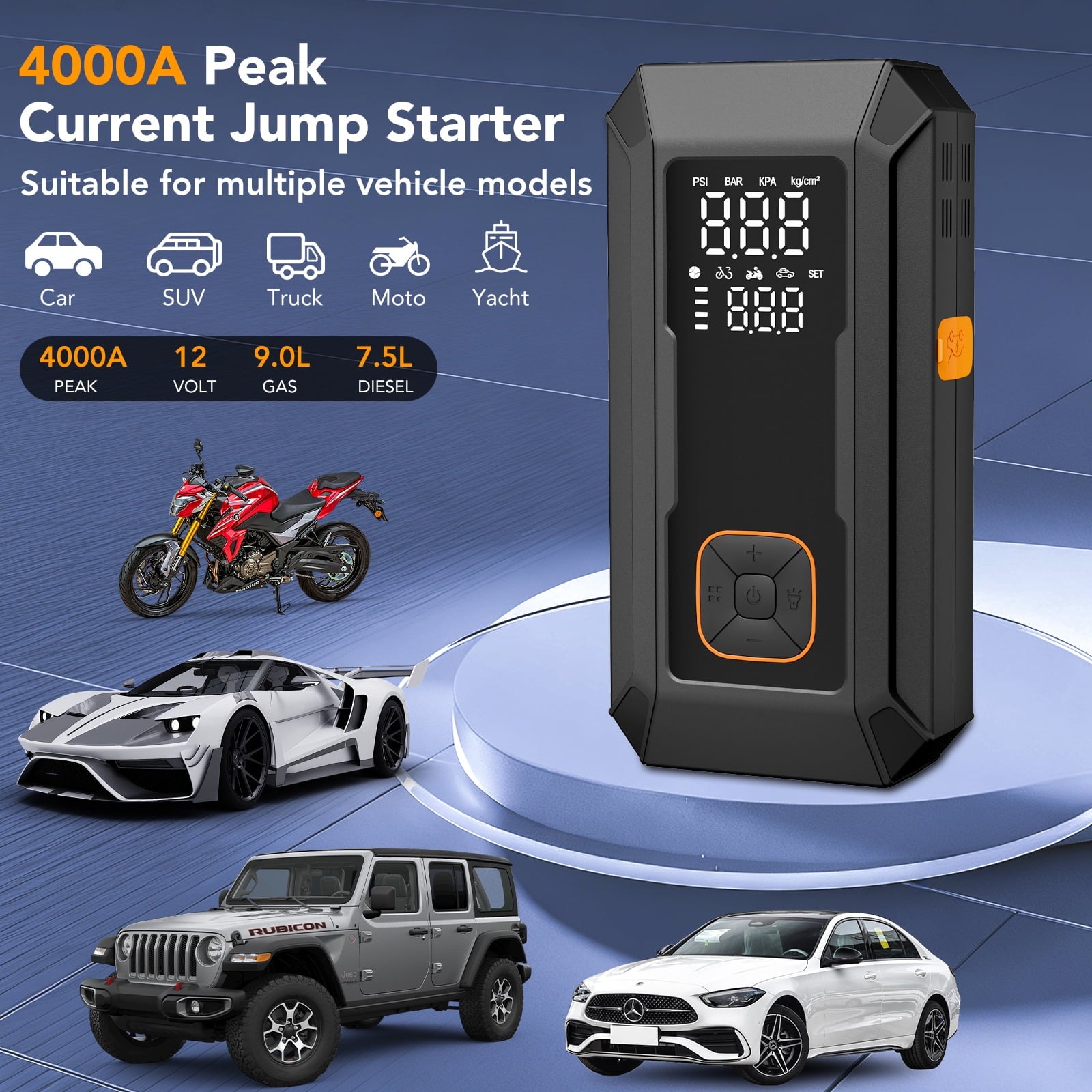 KT1 Car Jump Starter with Air Compressor, 150 PSI, 15000MAH Power Bank, 4000A Jump Starter, Fast Inflation for Car Tires, Bikes, SUV, Trucks & More - Portable Air Compressor with LED Light