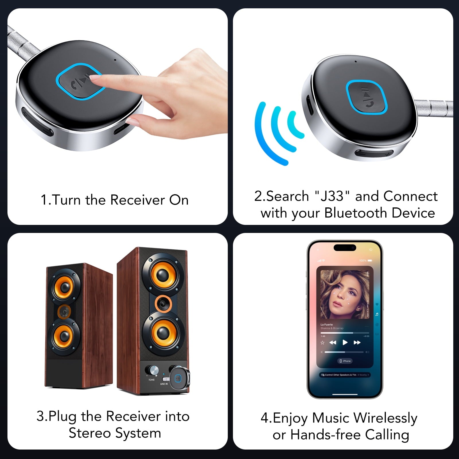 KT1 Bluetooth Car Adapter, Bluetooth Aux Adapter for Car, 16H Battery Life, Dual Connect, Calls Hands Free, Wireless Audio Receiver for Home, Stereo/Speaker/Headphone