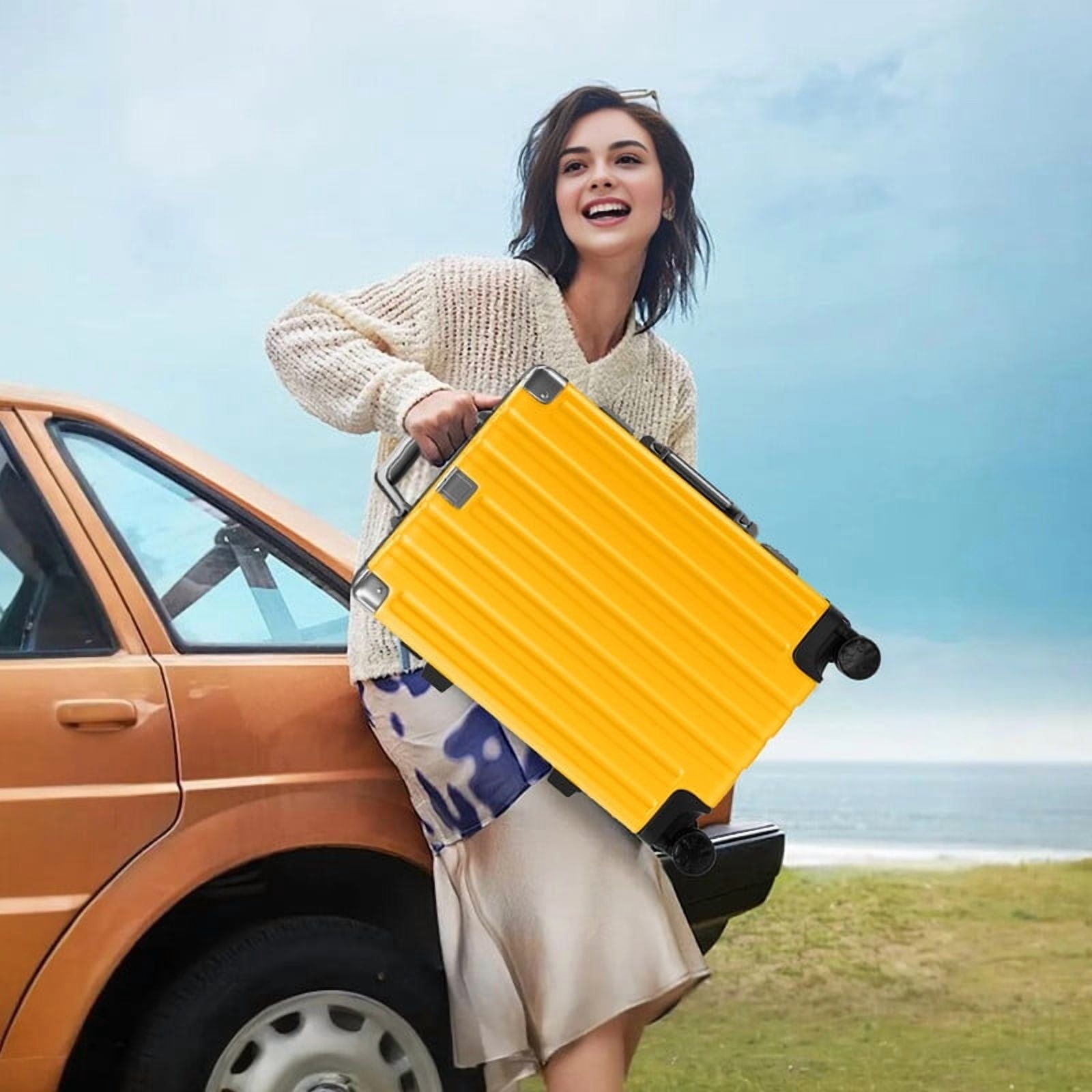 Checked Luggage Aluminum Frame Suitcase with Wheels PC ABS Hardside Zipperless with TSA Lock 24 Inch Yellow