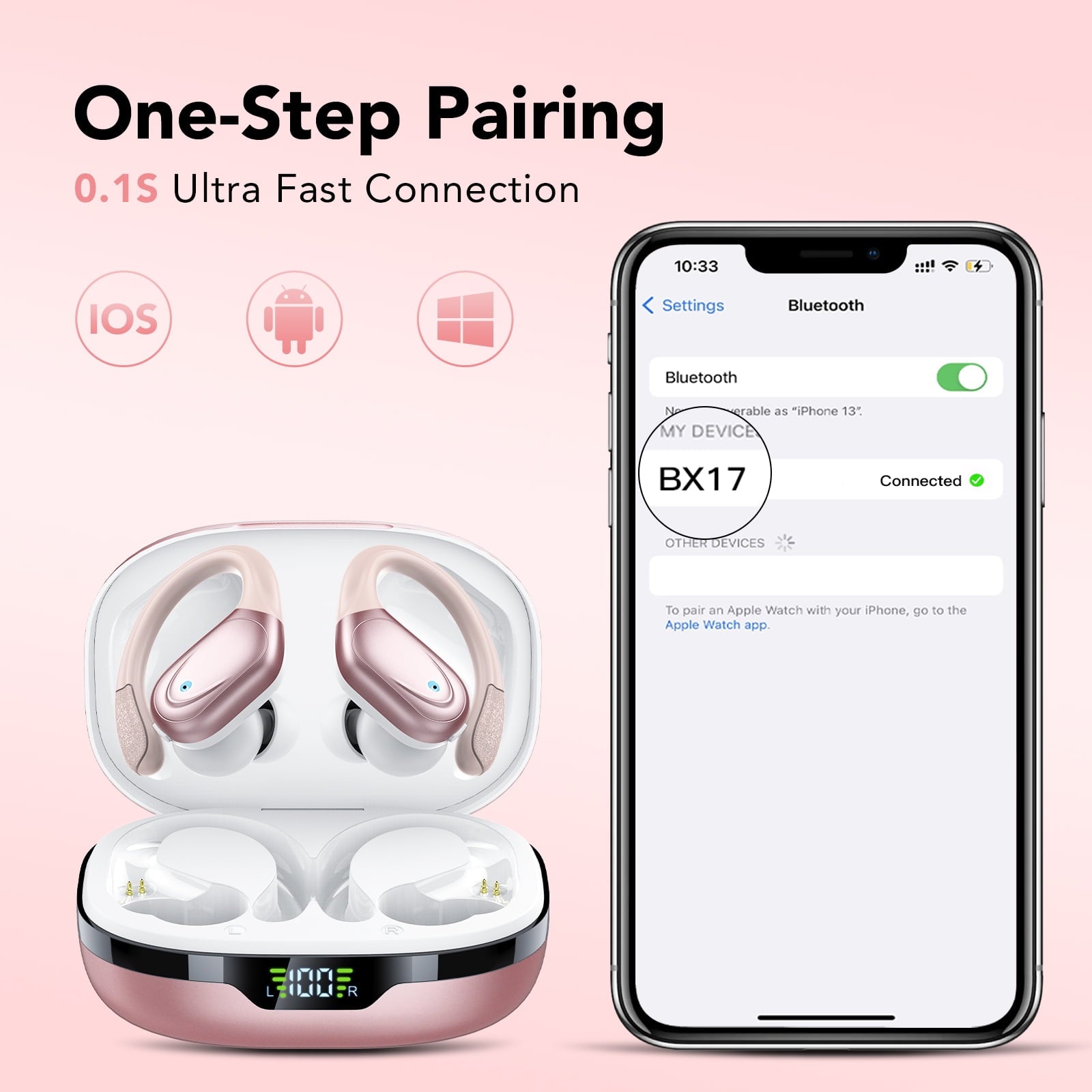 Wireless Earbuds Bluetooth Headphones with Earhooks, 60H Playtime LED Display, Deep Bass Over Ear Buds, IPX7 Waterproof Sport Earphones Built-in Mic for iPhone Android Running Gym, Rose Pink