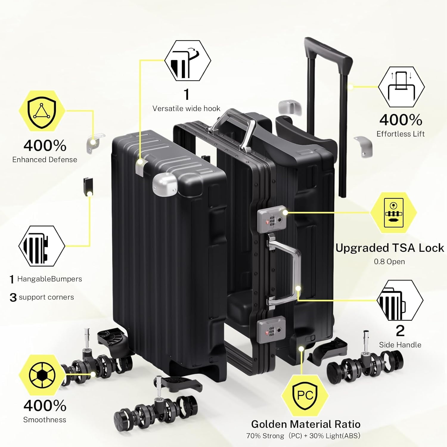Checked Luggage Aluminum Frame Suitcase with Wheels PC ABS Hardside Zipperless with TSA Lock 24 Inch Black