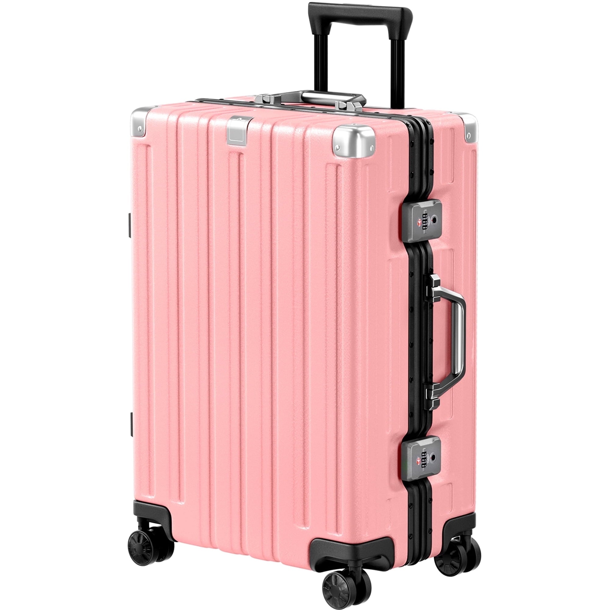 Checked Luggage Aluminum Frame Suitcase with Wheels PC ABS Hardside Zipperless with TSA Lock 24 Inch Pink