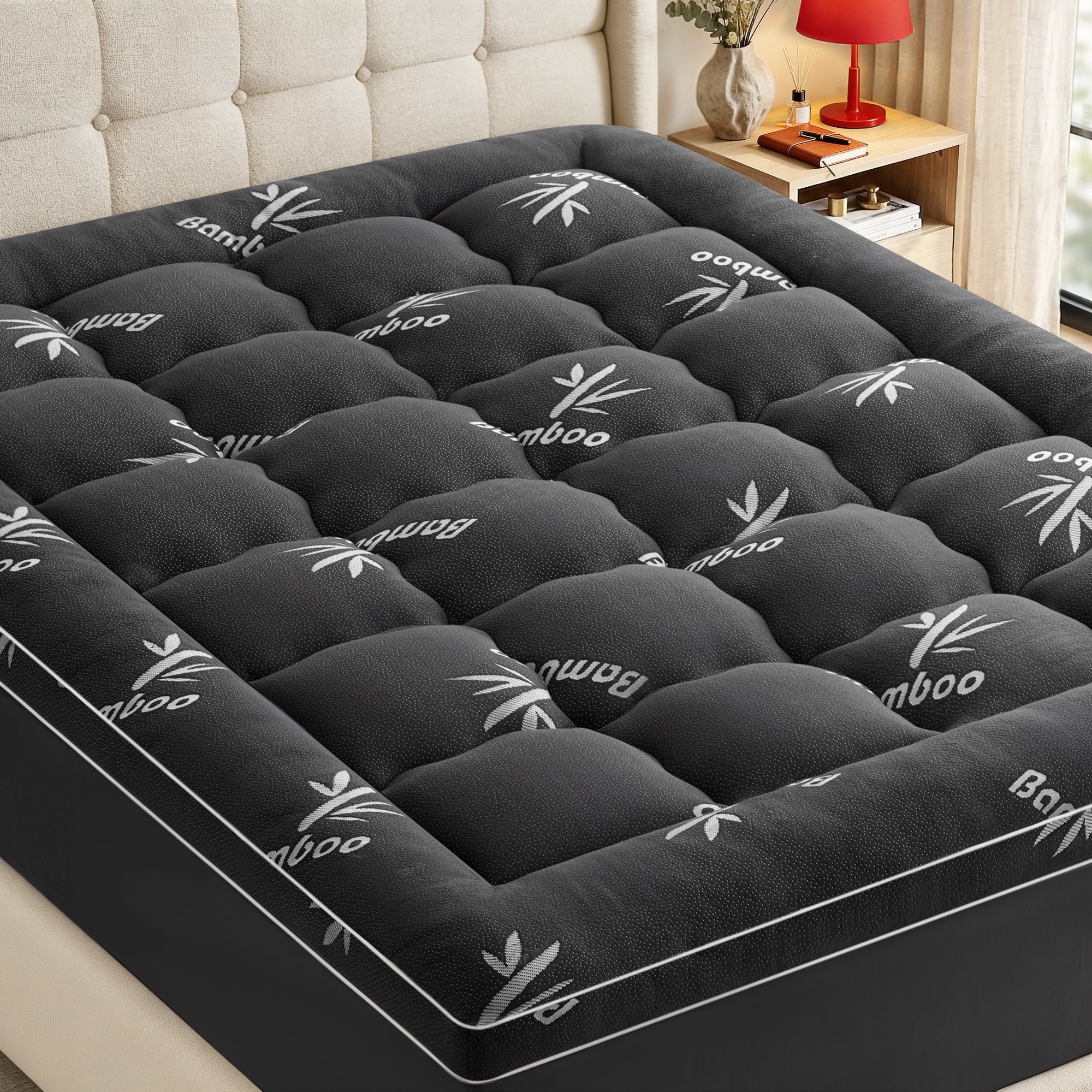 Mattress Topper King Size Bed,Bamboo Extra Thick Mattress Pad Cover Soft Plush Noiseless Down Alternative Fill,with 8-21" Deep Pocket,Dark Grey