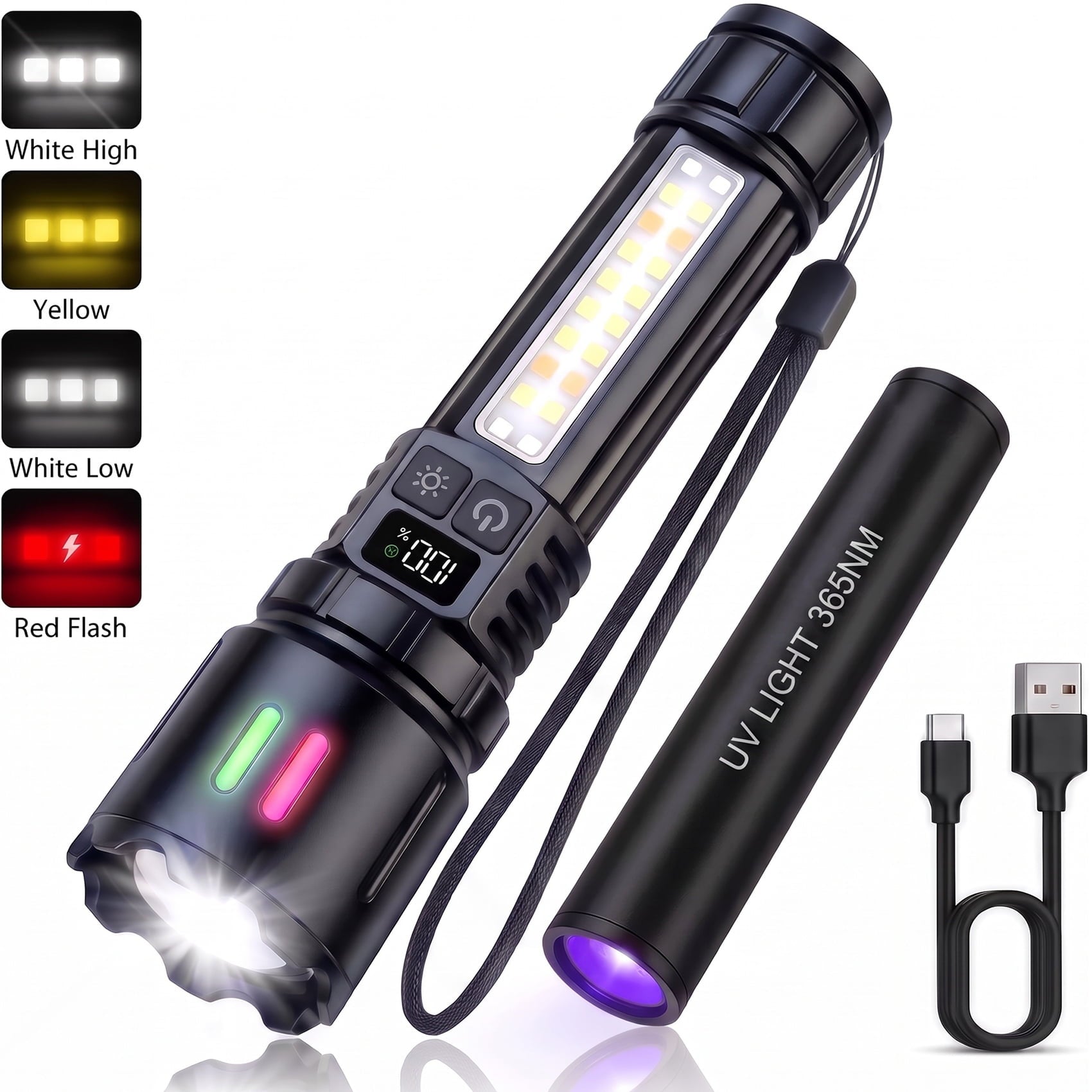 Rechargeable Flashlight with COB Work Light, High Lumen LED Flashlight with Digital Power Display, Dual Switch, IPX6 Waterproof, 3000mAh Battery & Bonus Mini UV Flashlight