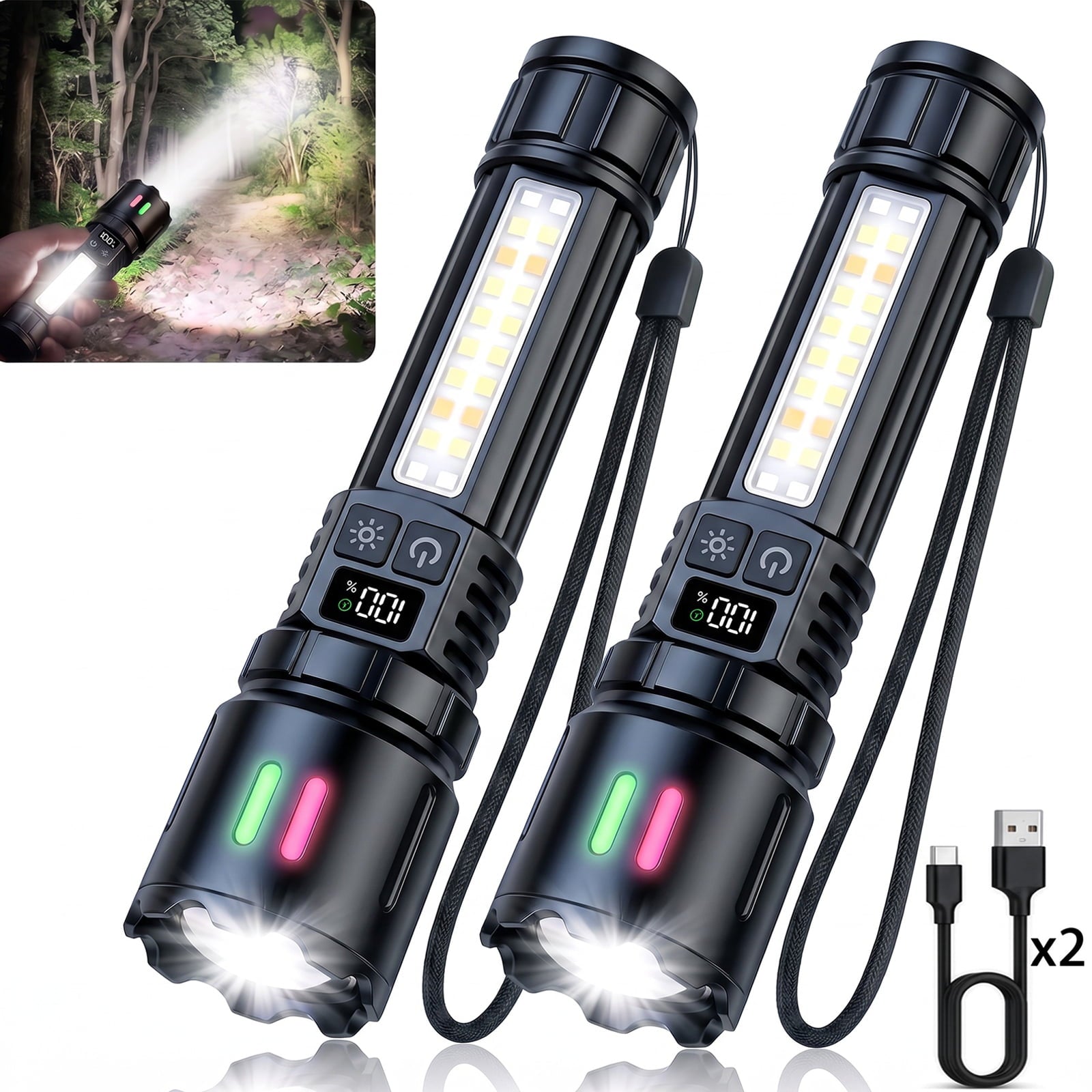 Rechargeable Flashlights 2 Pack, Super Bright LED Flashlight with COB Side Light, USB-C Rechargeable, IPX6 Waterproof Aluminum Flashlight for Camping, Hiking, Emergency & Home Use