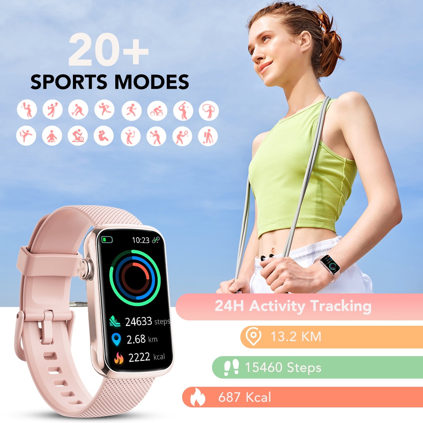 1.47" Fitness Tracker, Smartwatch for Women Men with Multiple Sport Modes Step Counter, Bluetooth Calls (Make/Answer), IP68 Waterproof, Fitness Tracker Compatible with Android and iPhone, Pink