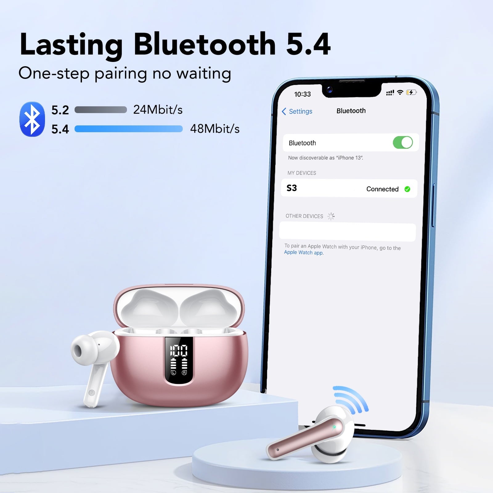 Bluetooth Headphones True Wireless Earbuds 40H Long Playback, Stereo Deep Bass, LED Display, IPX7, Lightweight in Ear Earphone, Noise Cancelling Headphones with Mic for iPhone Android, Pink