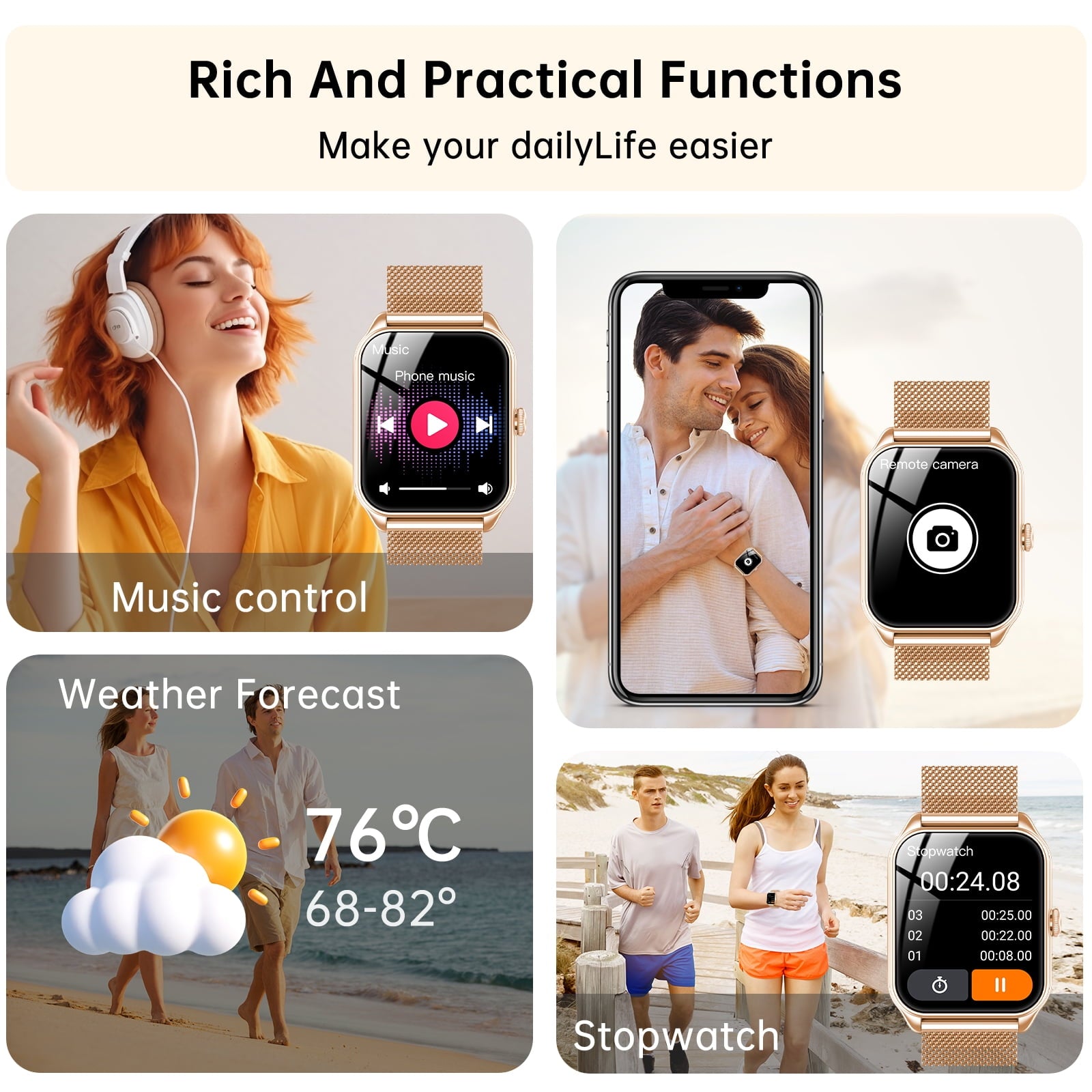 Smart Watch for Women for iPhone Android: 1.83"Smartwatch with Make/Answer Bluetooth Call IP68 Waterproof Smart Watch 120+Sport Mode 200+ Dials Fitness Tracker 2 Bands Gold Pink