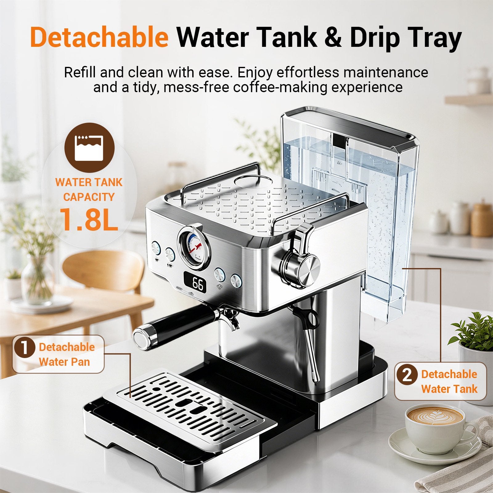 Friwest Espresso Machine with Steam Wand, 20 Bar Coffee Maker, Stainless Steel Espresso Machine for Latte, Cappuccino, Espresso, Ground Coffee & Coffee Pods