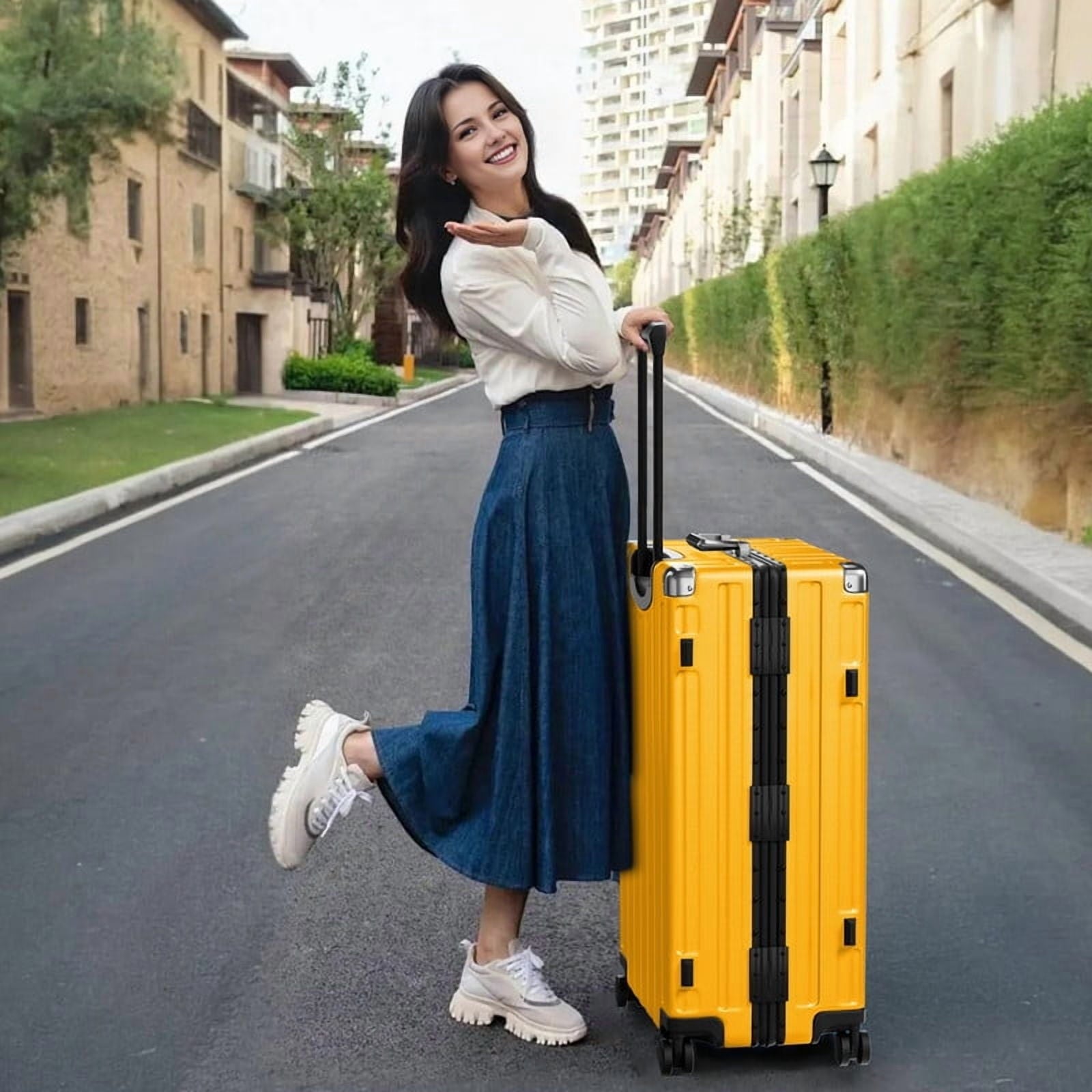 Checked Luggage Aluminum Frame Suitcase with Wheels PC ABS Hardside Zipperless with TSA Lock 24 Inch Yellow