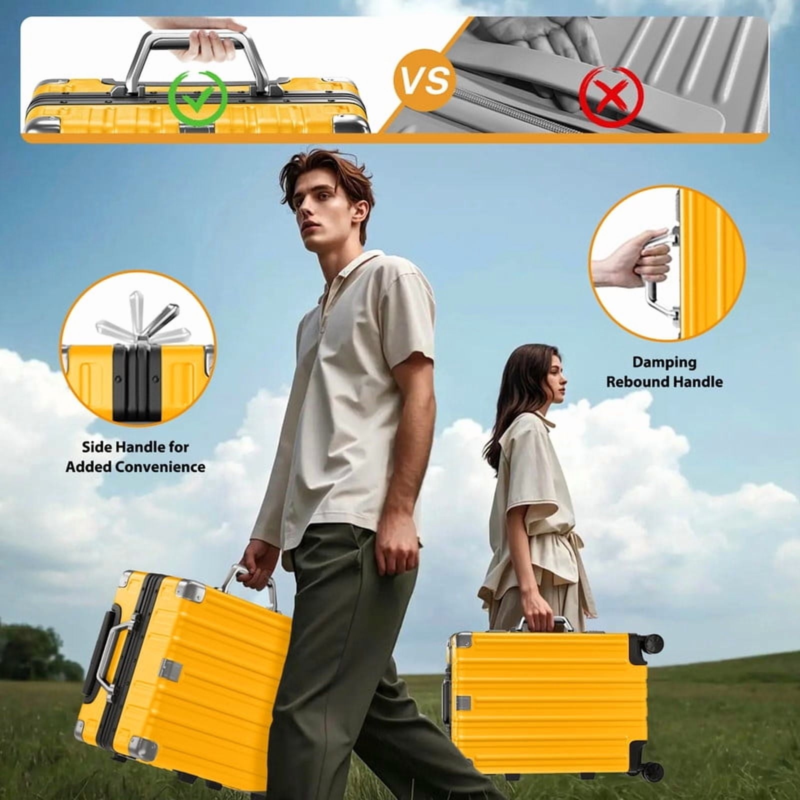 Checked Luggage Aluminum Frame Suitcase with Wheels PC ABS Hardside Zipperless with TSA Lock 24 Inch Yellow