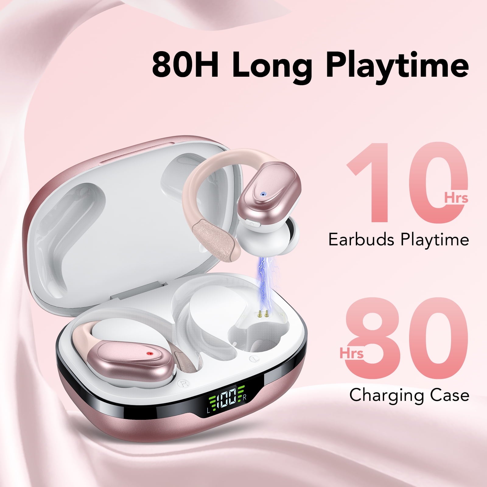 Wireless Earbuds Bluetooth Headphones with Earhooks, 60H Playtime LED Display, Deep Bass Over Ear Buds, IPX7 Waterproof Sport Earphones Built-in Mic for iPhone Android Running Gym, Rose Pink