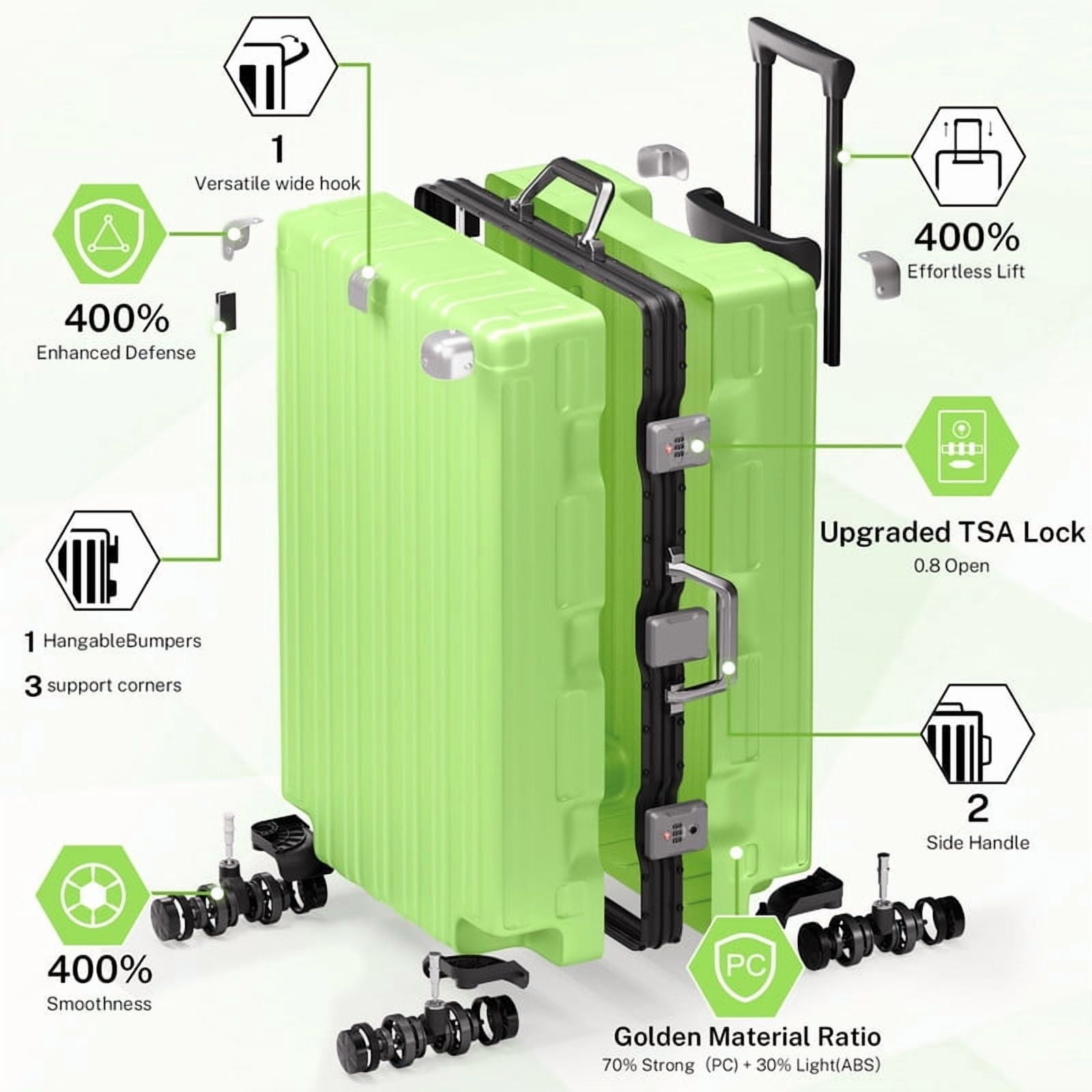 Checked Luggage Aluminum Frame Suitcase with Wheels PC ABS Hardside Zipperless with TSA Lock 24 Inch Green