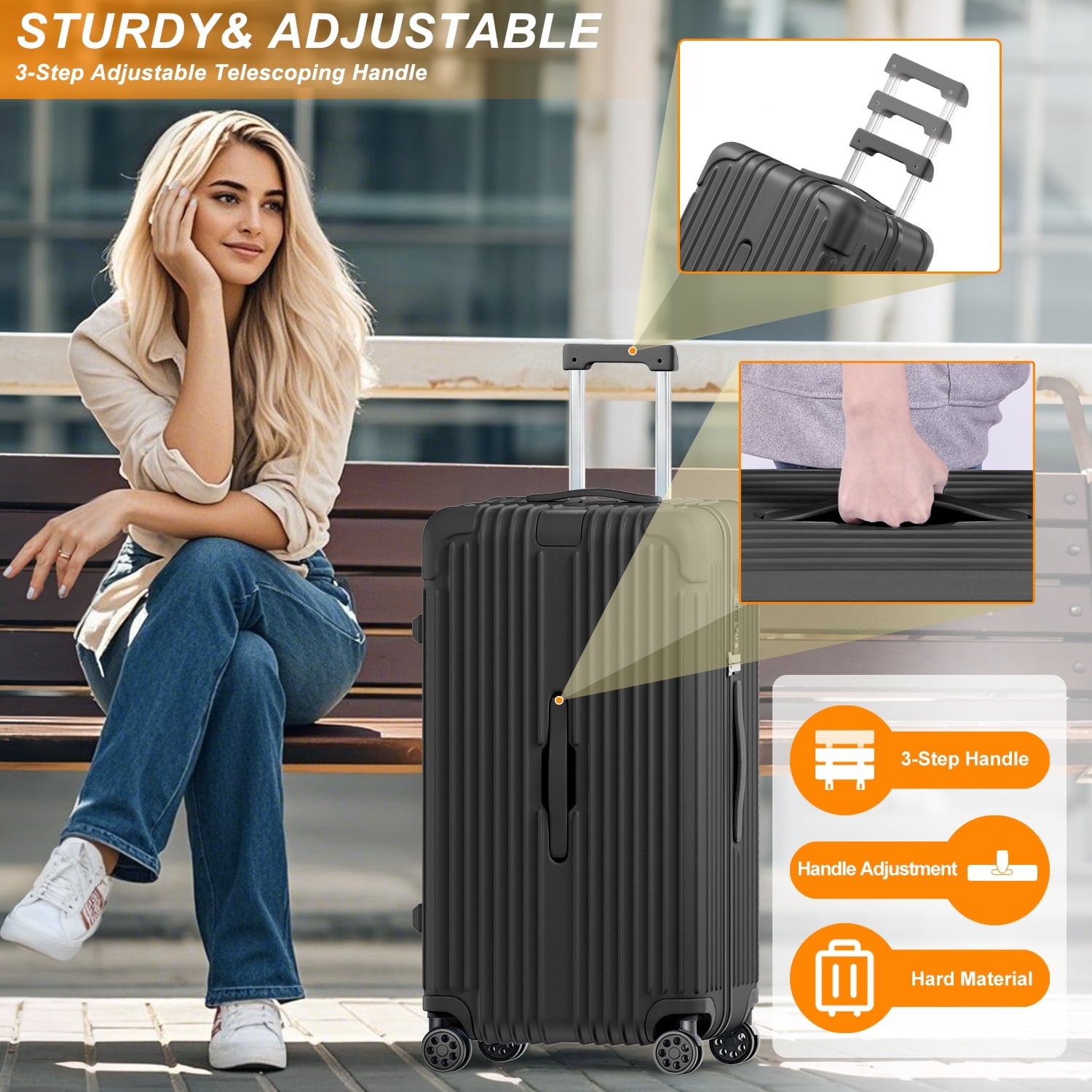Checked Luggage PC ABS Hardshell Suitcase with Spinner Wheels TSA Lock USB Port and Cup Holder 28 inch Black